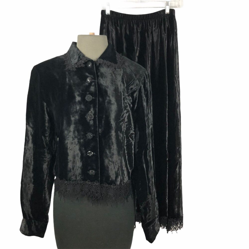 FL Malik Jacket & Skirt Set Black Velvet Size M Lace Trim Whimsigoth Gothic